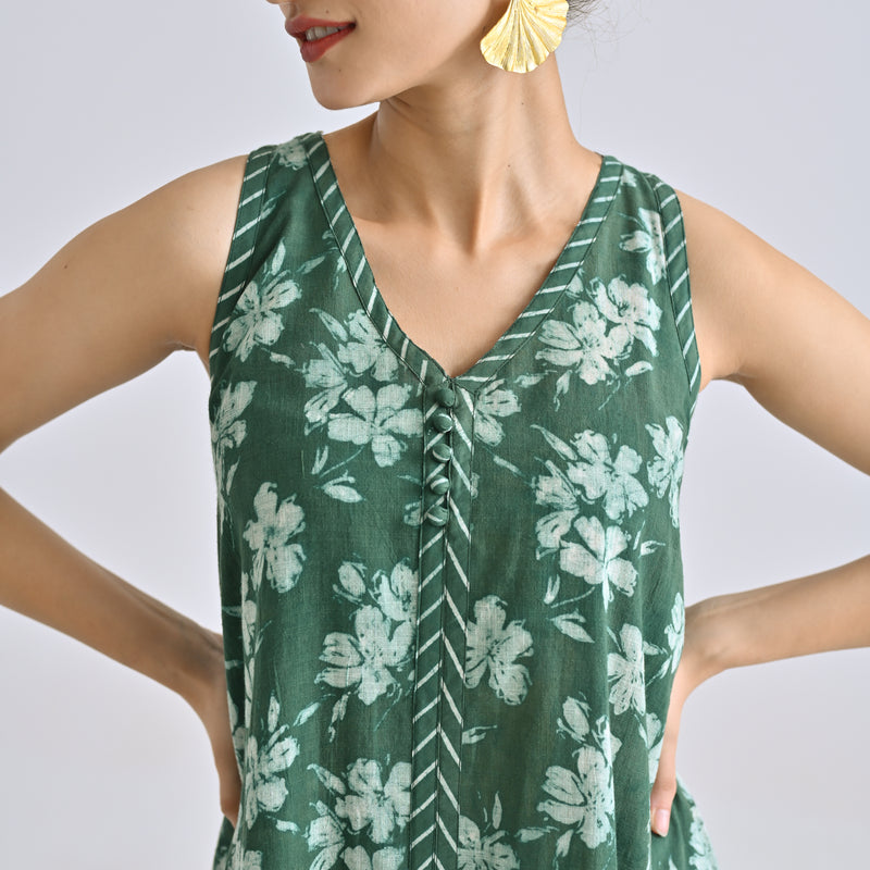 Moss Green Dabu Inspired Floral Sleeveless Dress with Neckline & Centre Front Detail