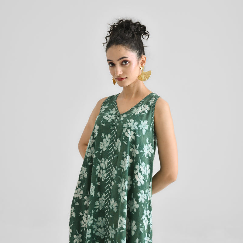 Moss Green Dabu Inspired Floral Sleeveless Dress with Neckline & Centre Front Detail