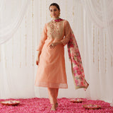 Peach Embroidered Chanderi Kurta Pant Dupatta Set for Women