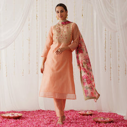 Peach Embroidered Chanderi Kurta Pant Dupatta Set for Women