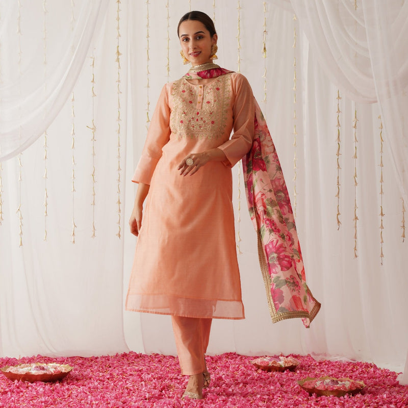 Peach Embroidered Chanderi Kurta Pant Dupatta Set for Women