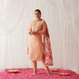 Peach Embroidered Chanderi Kurta Pant Dupatta Set for Women