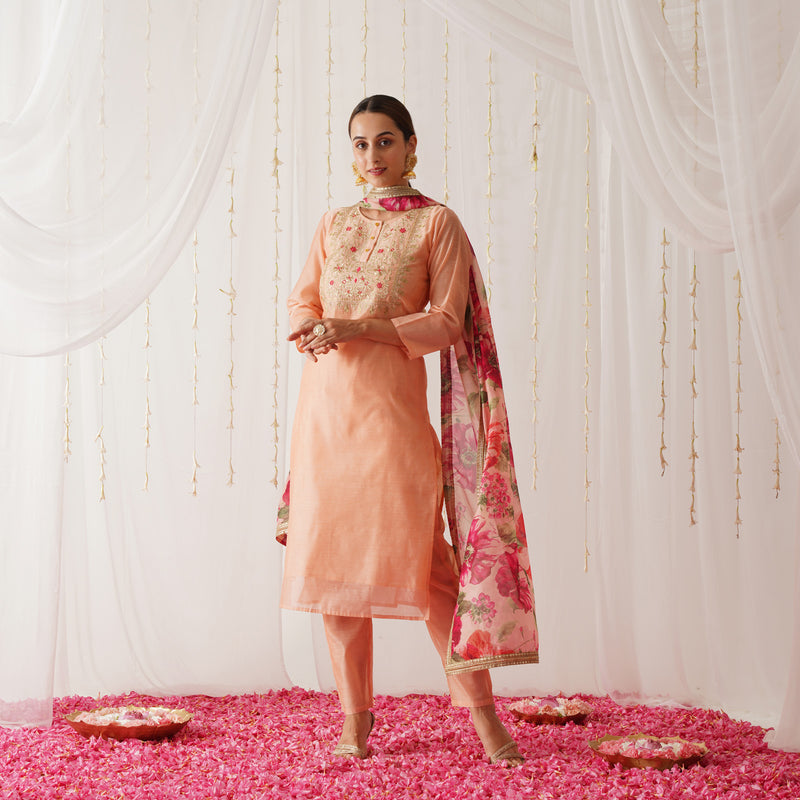 Peach Embroidered Chanderi Kurta Pant Dupatta Set for Women
