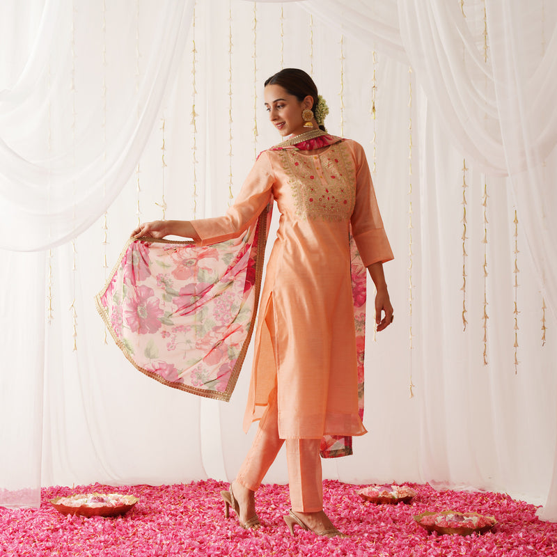 Peach Embroidered Chanderi Kurta Pant Dupatta Set for Women