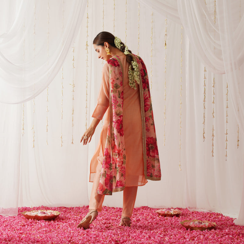 Peach Embroidered Chanderi Kurta Pant Dupatta Set for Women