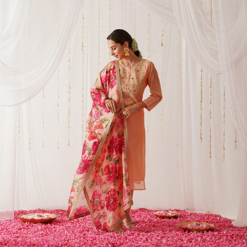 Peach Embroidered Chanderi Kurta Pant Dupatta Set for Women