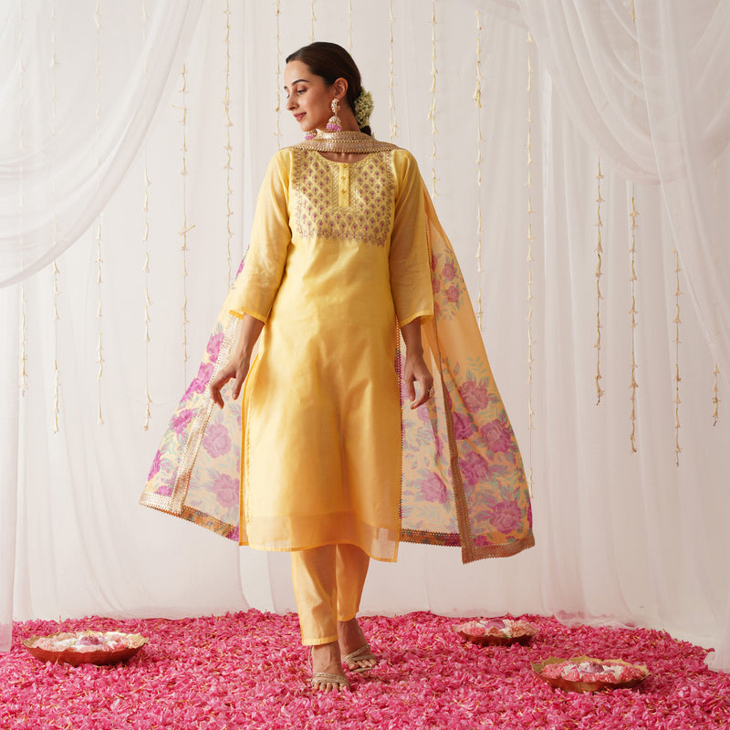 Yellow Embroidered Chanderi Kurta Pant Dupatta Set with Gota Details