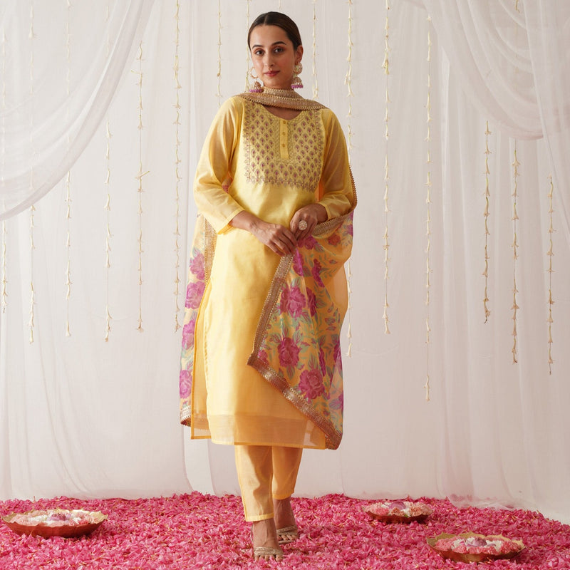 Yellow Embroidered Chanderi Kurta Pant Dupatta Set for Women