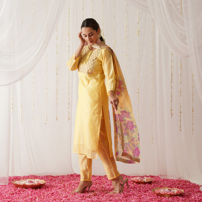 Yellow Embroidered Chanderi Kurta Pant Dupatta Set with Gota Details