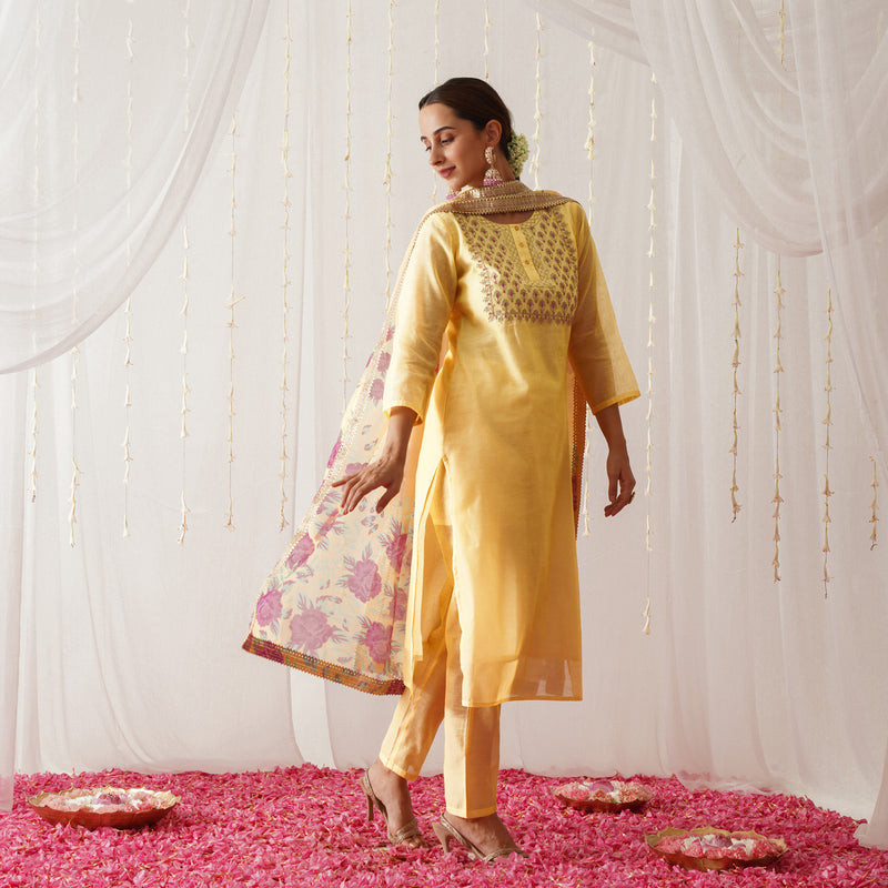 Yellow Embroidered Chanderi Kurta Pant Dupatta Set with Gota Details