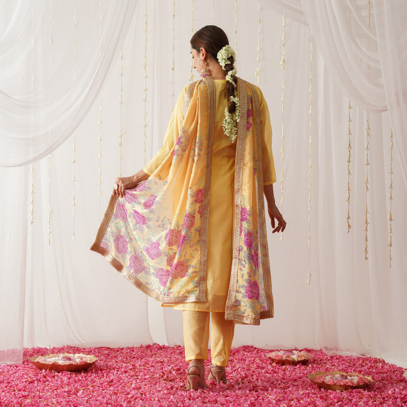 Yellow Embroidered Chanderi Kurta Pant Dupatta Set with Gota Details