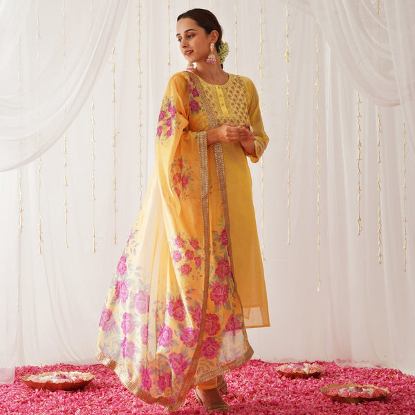 Yellow Embroidered Chanderi Kurta Pant Dupatta Set with Gota Details