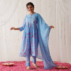 Blue Ikat Inspired Kurta Pant Set with Dupatta