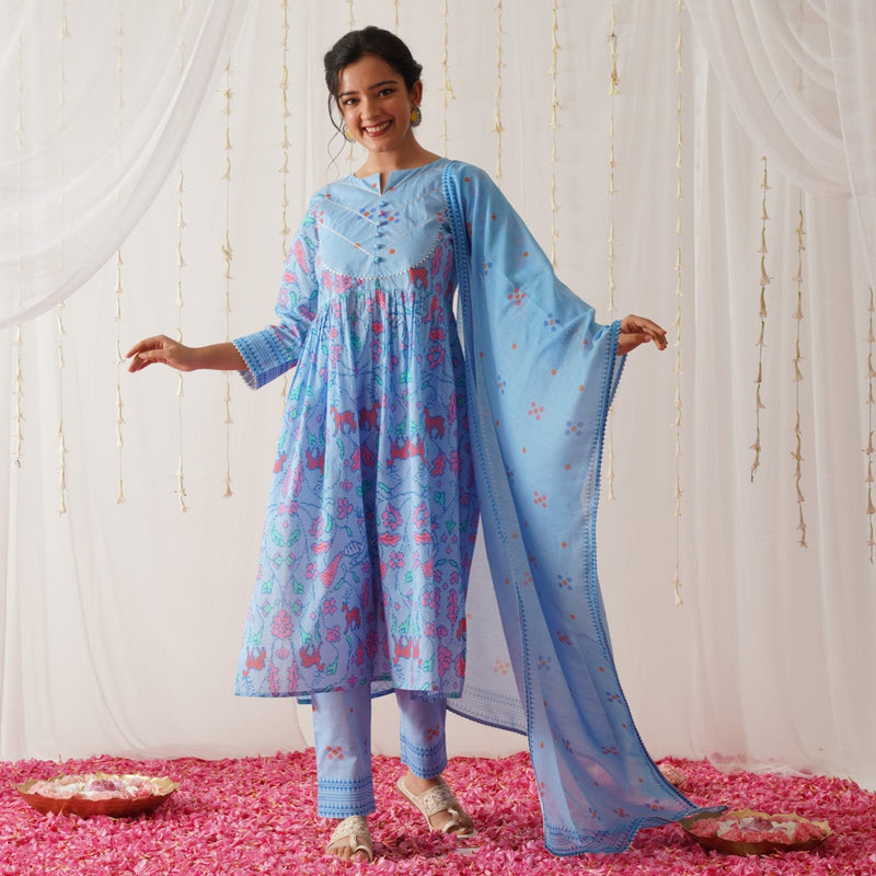 Blue Ikat Inspired Kurta Pant Set with Dupatta