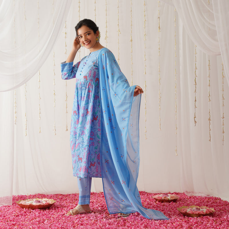 Blue Ikat Inspired Kurta Pant Set with Dupatta
