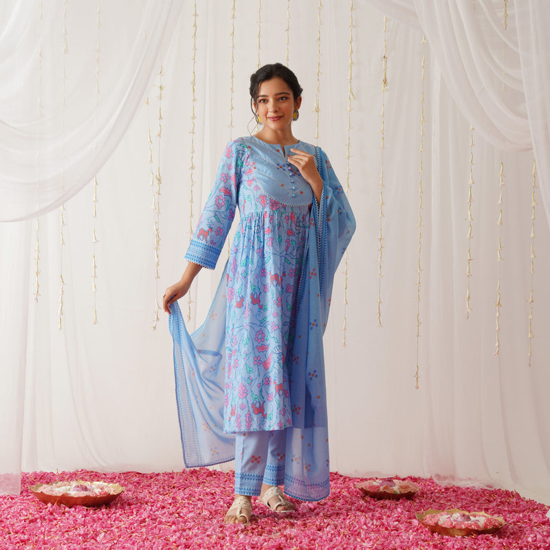 Blue Ikat Inspired Kurta Pant Set with Dupatta