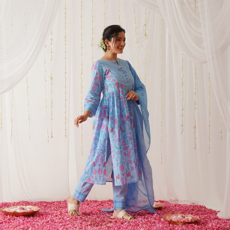Blue Ikat Inspired Kurta Pant Set with Dupatta