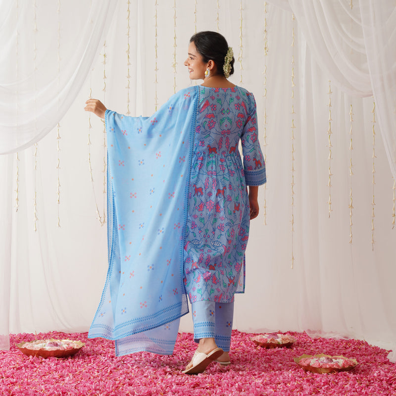 Blue Ikat Inspired Kurta Pant Set with Dupatta