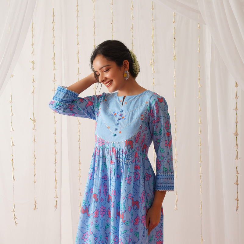 Blue Ikat Inspired Kurta Pant Set with Dupatta