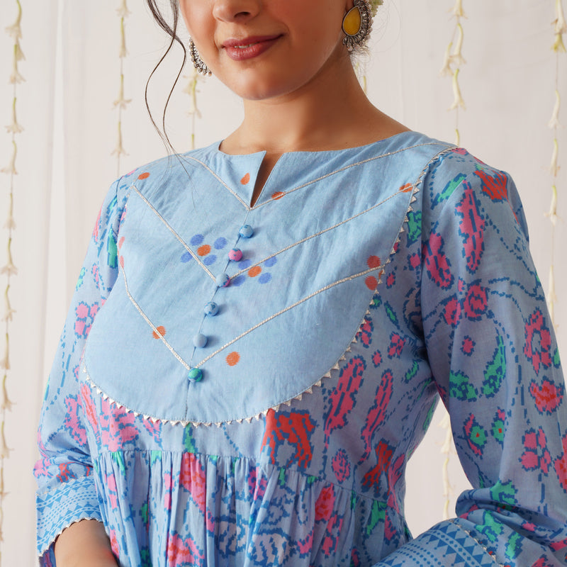 Blue Ikat Inspired Kurta Pant Set with Dupatta