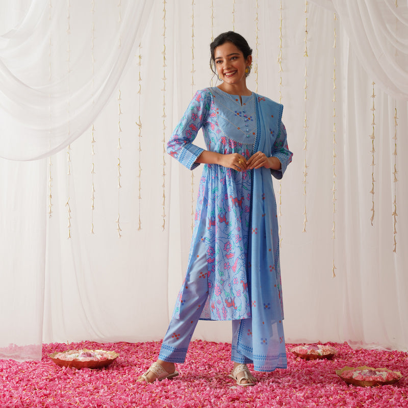 Blue Ikat Inspired Kurta Pant Set with Dupatta