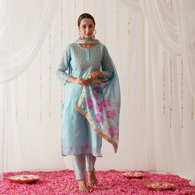 Sky Blue Embroidered Chanderi Kurta Pant Dupatta Set with Gota Details