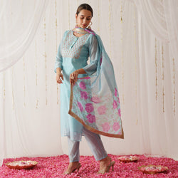 Sky Blue Embroidered Chanderi Kurta Pant Dupatta Set with Gota Details