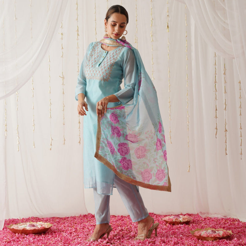 Sky Blue Embroidered Chanderi Kurta Pant Dupatta Set with Gota Details