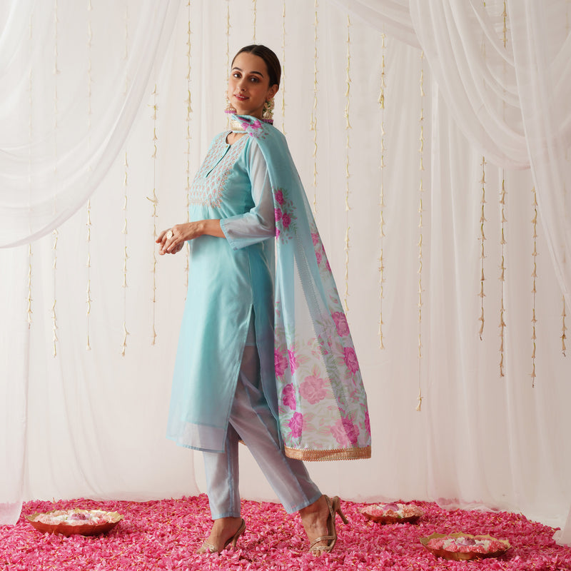 Sky Blue Embroidered Chanderi Kurta Pant Dupatta Set with Gota Details