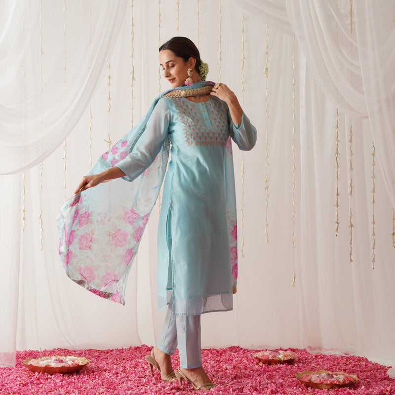 Sky Blue Embroidered Chanderi Kurta Pant Dupatta Set with Gota Details