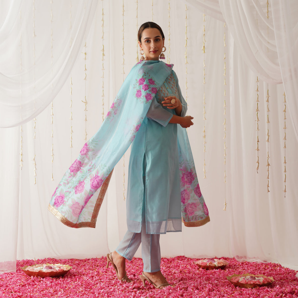 Sky Blue Embroidered Chanderi Kurta Set with Dupatta