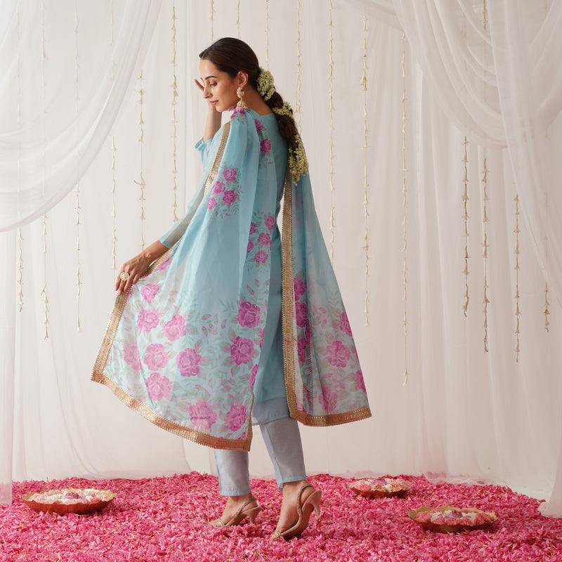 Sky Blue Embroidered Chanderi Kurta Pant Dupatta Set with Gota Details