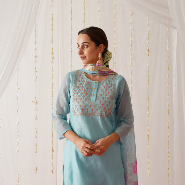 Sky Blue Embroidered Chanderi Kurta Pant Dupatta Set with Gota Details