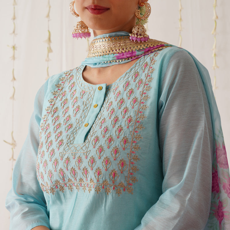 Sky Blue Embroidered Chanderi Kurta Pant Dupatta Set with Gota Details