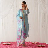 Sky Blue Embroidered Chanderi Kurta Set with Dupatta