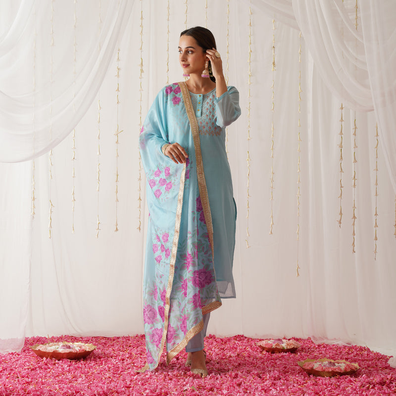 Sky Blue Embroidered Chanderi Kurta Pant Dupatta Set with Gota Details