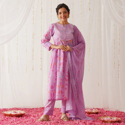 Lilac Ikat Inspired Kurta Pant Set with Dupatta
