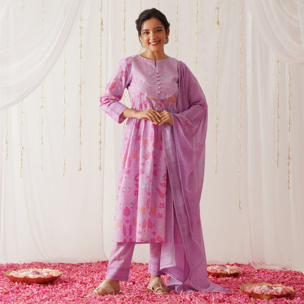 Lilac Ikat Inspired Kurta Pant Set with Dupatta