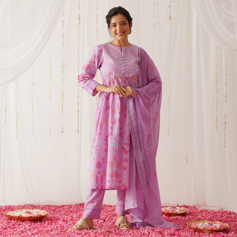 Lilac Ikat Inspired Kurta Pant Set with Dupatta