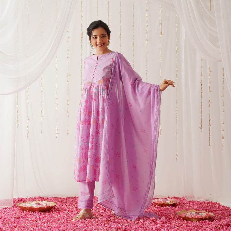 Lilac Ikat Inspired Kurta Pant Set with Dupatta