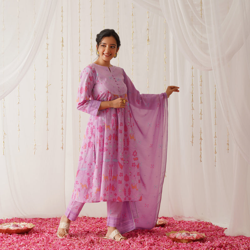 Lilac Ikat Inspired Kurta Pant Set with Dupatta