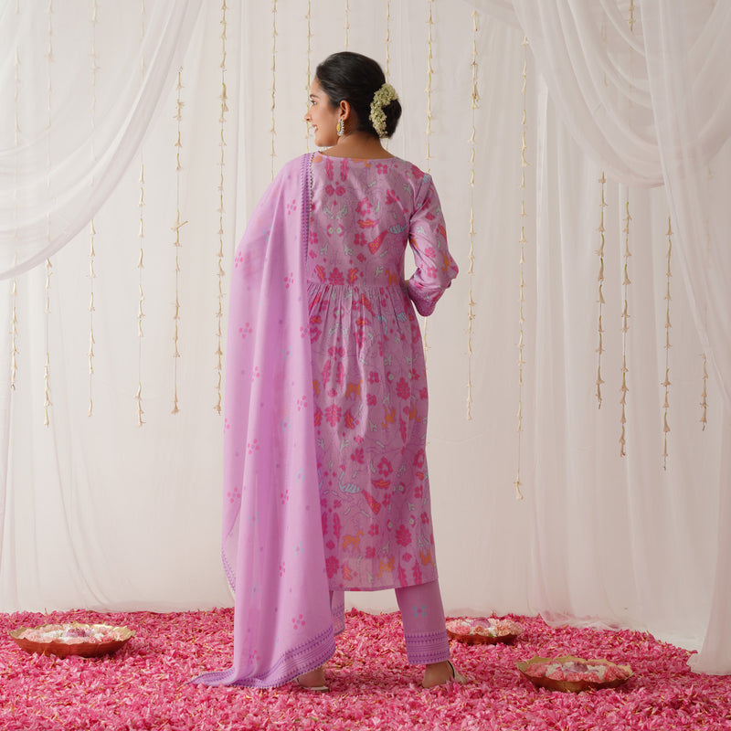 Lilac Ikat Inspired Kurta Pant Set with Dupatta