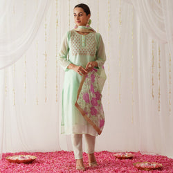 Mint Embroidered Chanderi Kurta Pant Dupatta Set with Gota Details