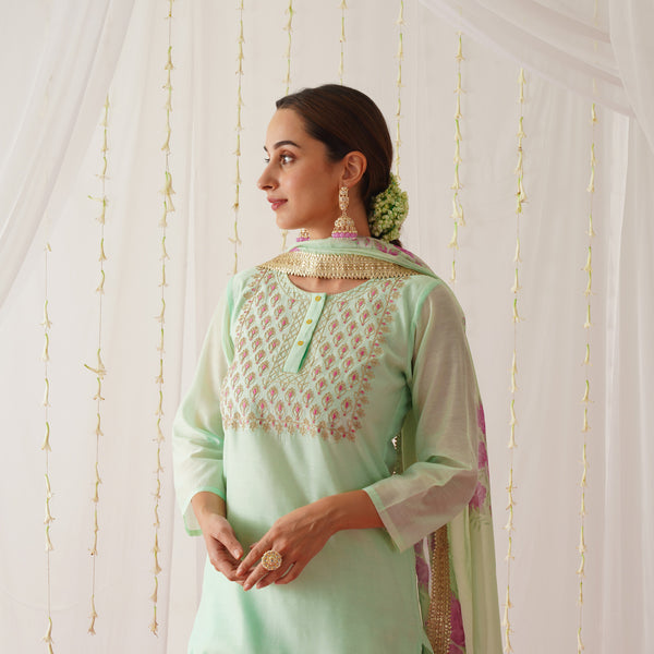 Mint Embroidered Chanderi Kurta Pant Dupatta Set with Gota Details