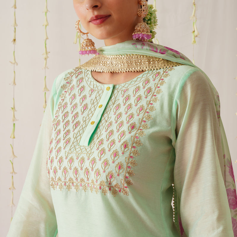 Mint Embroidered Chanderi Kurta Pant Dupatta Set with Gota Details