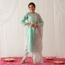 Turquoise Neck Embroidered Kurta Pant Set with Dupatta