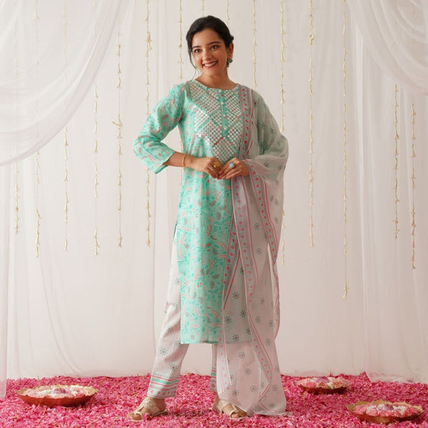Turquoise Neck Embroidered Kurta Pant Set with Dupatta
