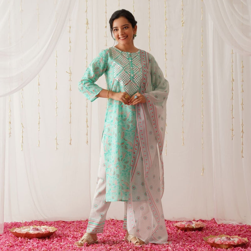 Turquoise Neck Embroidered Kurta Pant Set with Dupatta