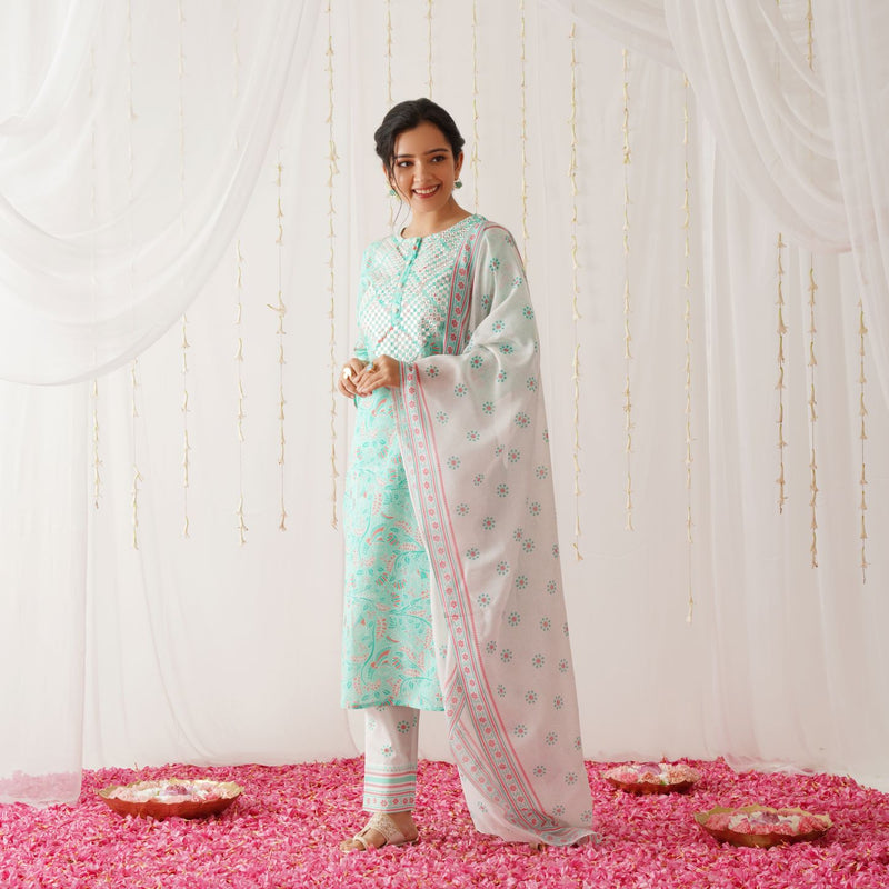 Turquoise Neck Embroidered Kurta Pant Set with Dupatta