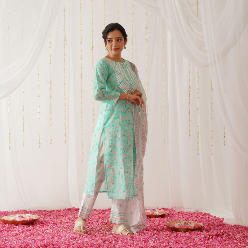Turquoise Neck Embroidered Kurta Pant Set with Dupatta